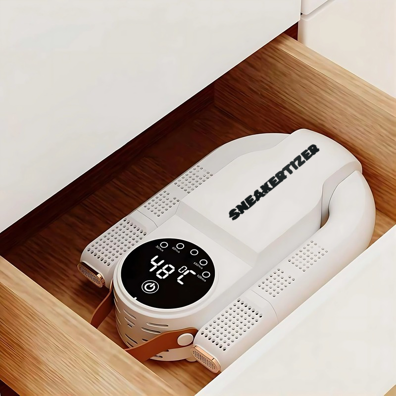 Sneakertizer™ UV shoe dryer compactly stored in a drawer, showcasing its foldable design and easy storage for small spaces