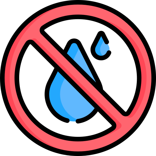 Icon of water drops with red no symbol representing fast drying and no wetness
