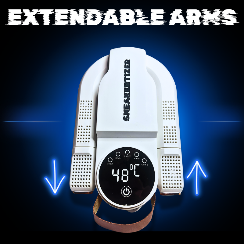 White Sneakertizer™ football boot dryer with digital display and adjustable arms for versatile drying