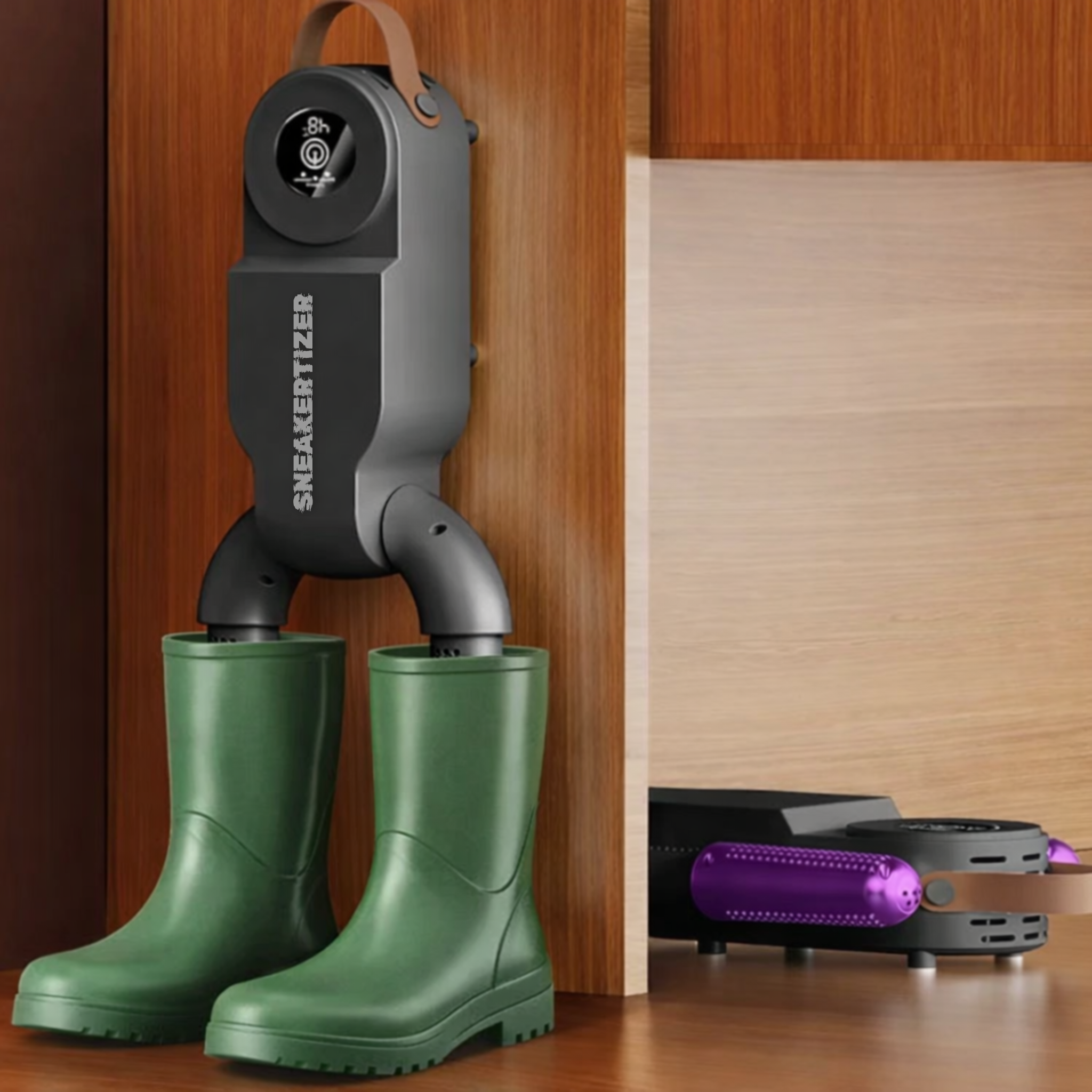 Sneakertizer™ UV shoe dryer compactly stored in a drawer, showcasing its foldable design and easy storage for small spaces