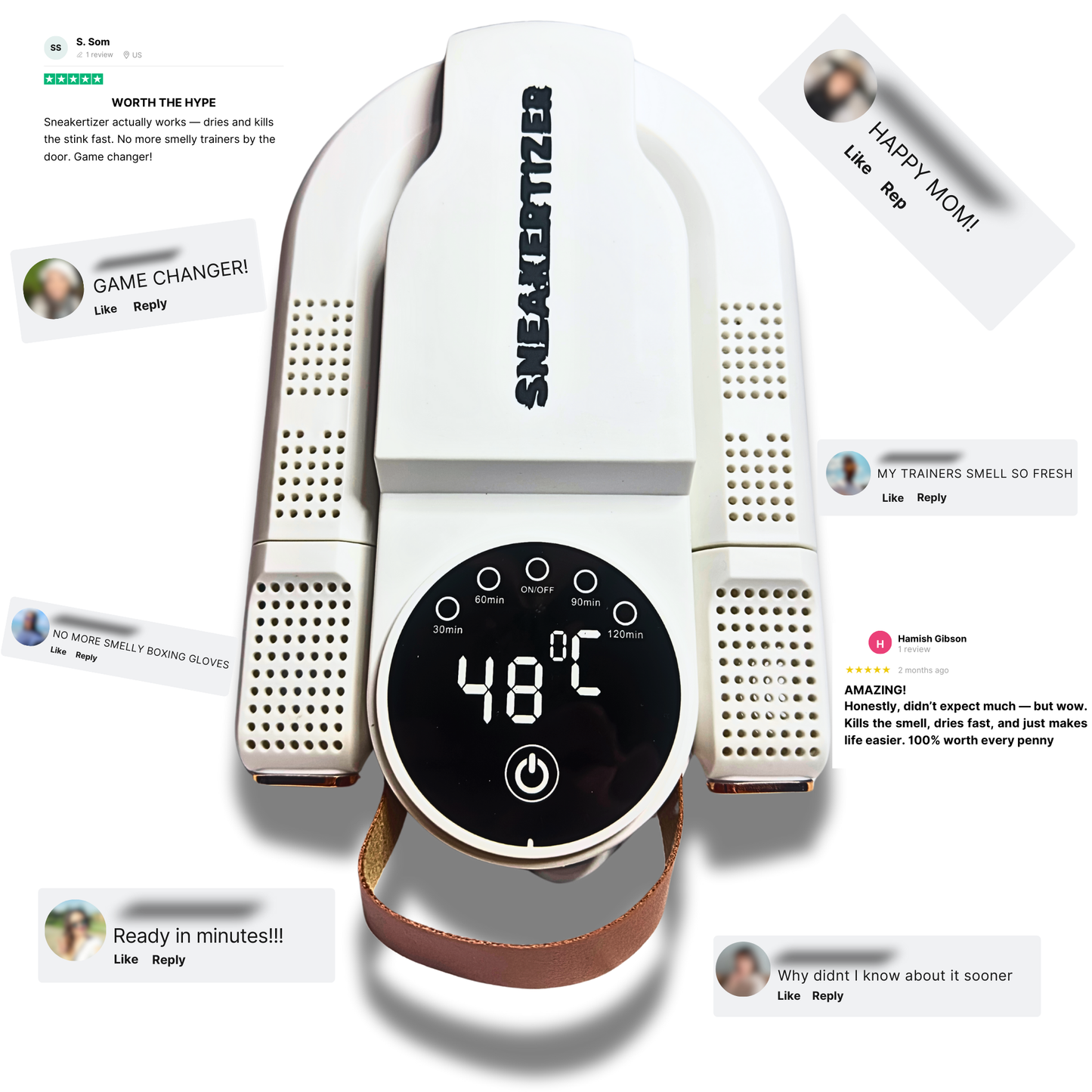 Sneakertizer™ UV-tech shoe dryer surrounded by real customer reviews praising its odour removal and fast drying features