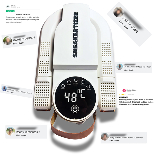 Sneakertizer™ UV-tech shoe dryer surrounded by real customer reviews praising its odour removal and fast drying features